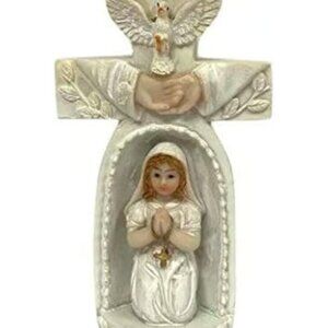 First Communion Praying Girl Inside Cross Figurine Favor Religious Gift